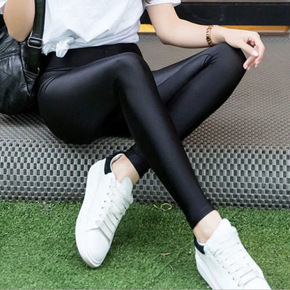 Spring Autumn Glossy Pants Women Shining Frosted Black High Waist Super Stretchy Soft Yoga Gym Leggings Body Shaping Pencil Pant