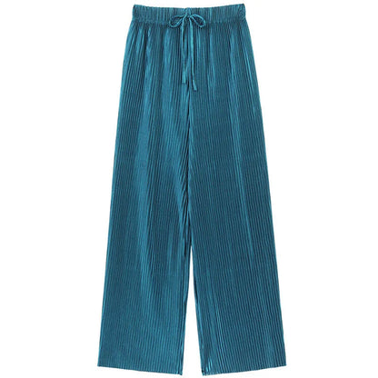 Women Fashion Summer Wide Leg Pants Pleated Ice Silk Trousers Elastic Waist Loose Casual Pants