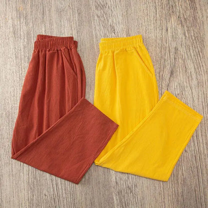 Women Summer Casual Loose Harem Elastic Waist Cotton Linen Pants Ninth Trousers