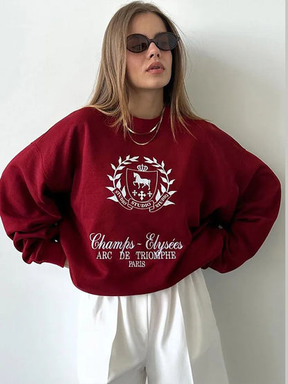 Ankra Red Printing Sweatshirt Women Pullover Letter O-neck Long Sleeve Tops Chic Ladies Casual Female Streetwear 2025 Spring