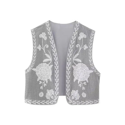 KEYANKETIAN Women Vintage Floral Embroidered Open WaistCoat Ladies National Style Vest Jacket Outfits Casual Vacation Crop Top