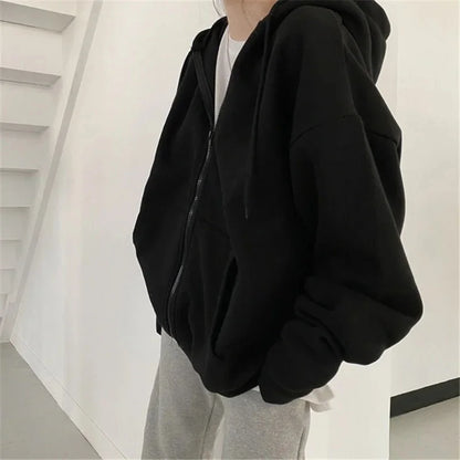 Loose Women Hoodies Casual Solid Zip Up Hooded Sweatshirt Harajuku Korean Loose Couple Hoodie Jacket Coat Streetwear