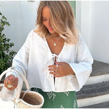 2025 Summer White Lace Up Shirts For Women‘s Elegant Loose Long Sleeve V-neck Blouse Female Solid Causal Street Chic lady Tops