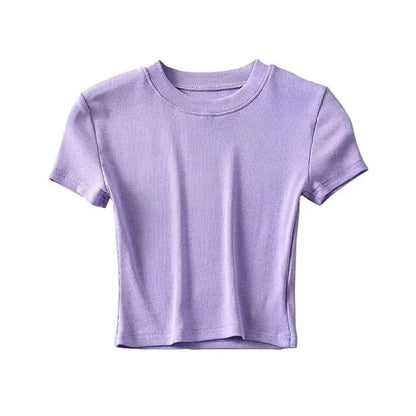 Women's Short Sleeve Crop Top Solid Slim Fit Crew Neck Tee Basic Skinny Ribbed Tight Athletic Casual Workout Yoga Tshirt