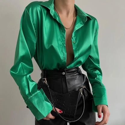 Autumn Shirt Women's Polo Collar Office Lady blouse Vintage Blue Green Shirt Loose Button Up Down Shirts Black Fashion Tops