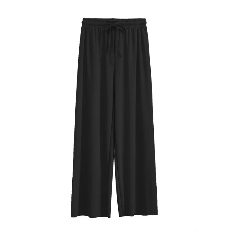 Women Ankle-Length Wide Leg Pants Casual Summer Solid Elastic Waist Loose Ice Silk Pants Spring Summer Female Trousers