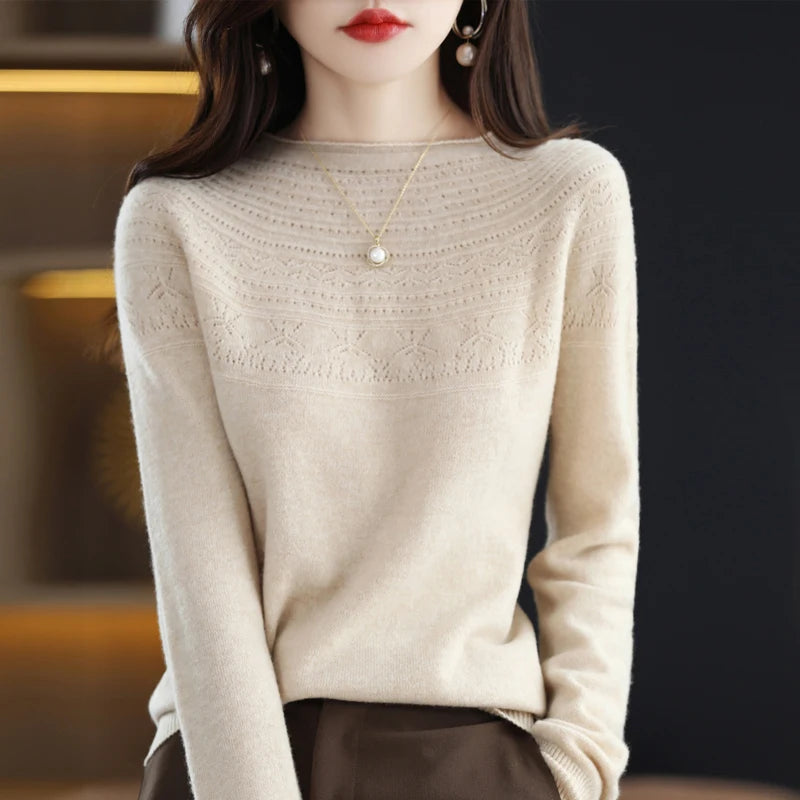 100% wool cashmere sweater women's sweater round neck hollow long sleeve pullover warm pullover in autumn and winter