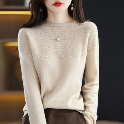 100% wool cashmere sweater women's sweater round neck hollow long sleeve pullover warm pullover in autumn and winter