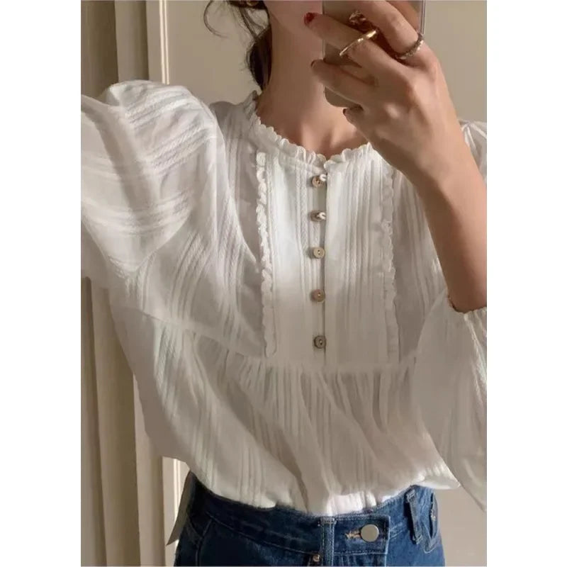 Deeptown Lace Buttons Vintage Women's Blouses Long Sleeve Preppy Shirts Female Loose Korean Fashion Chic Sweet Elegant Spring