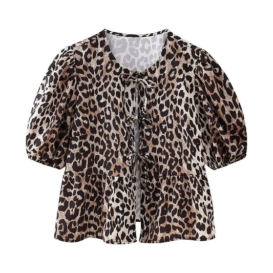 Summer Shirt With Strap Lace-up Leopard Blouse Puff Sleeve Crop Top Women's Summer Clothing