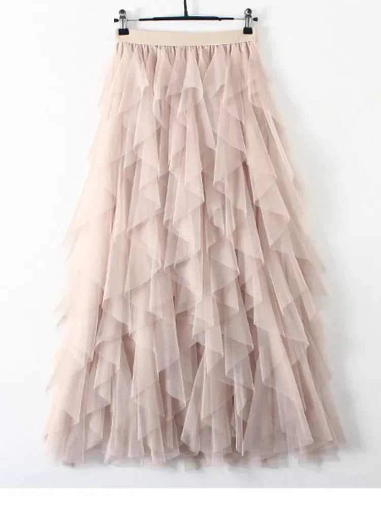 TIGENA Tutu Tulle Long Maxi Skirt Women Fashion 2023 Korean Cute Pink High Waist Pleated Skirt Mesh Female Lady Aesthetic Faldas