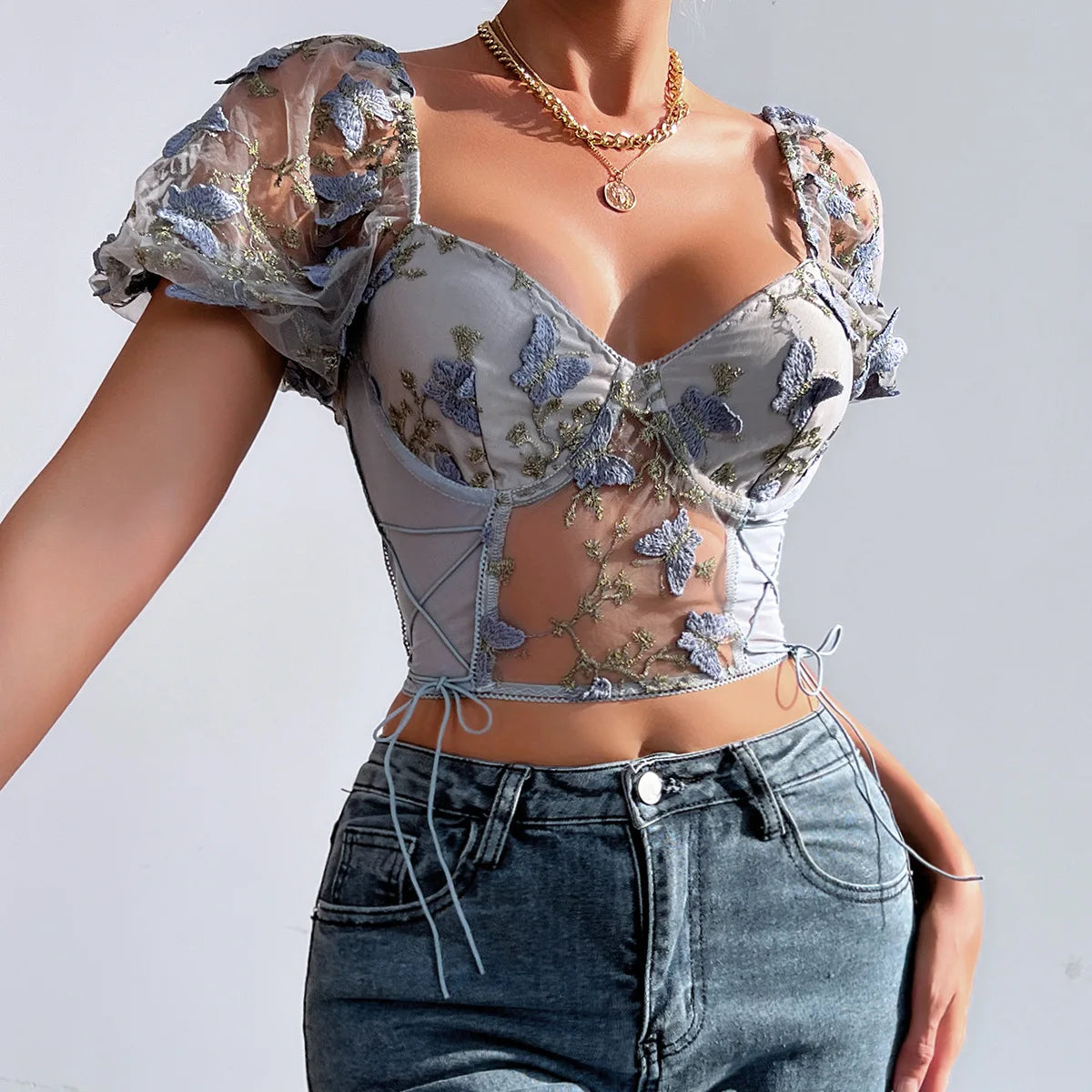 Yimunancy Puff Sleeve Crop Top Women Short Sleeve Mesh Patchwork Boho Spring Floral V Neck Tops