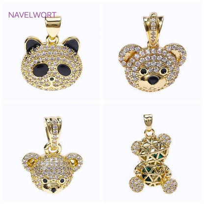 18K Gold Plated Brass Inlaid Zircon Bear Head/Panda Head/Hollow Bear Charms Pendant For DIY Necklace Jewelry Making Accessories