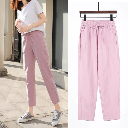 Womens Spring Summer Pants Cotton Linen Solid Elastic waist Candy Colors Harem Trousers Casual Female Pants