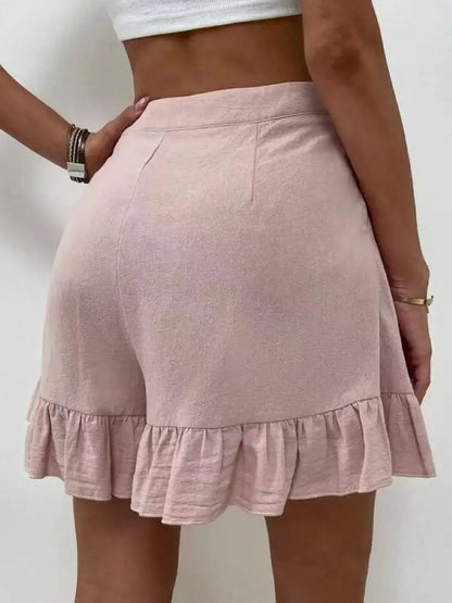 New Women's Shorts Loose Cotton Hemp Casual Shorts Button Zipper Solid Color Pocket High Waist Wide Leg Ruffle Edge Shorts