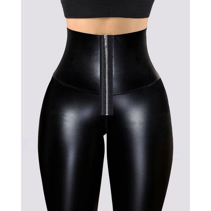 Korean Fashion High Waist Tummy Control Butt Lift PU Leather Leggings Outwear Skinny Pants Female Casual Trousers Streetwear