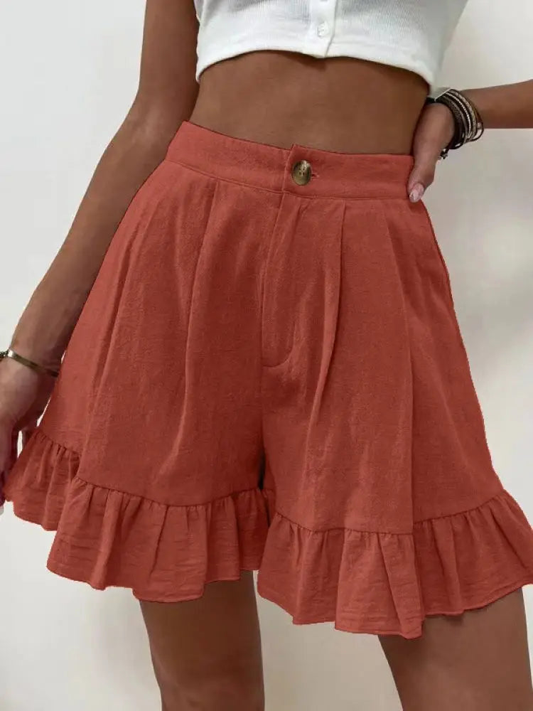 New Women's Shorts Loose Cotton Hemp Casual Shorts Button Zipper Solid Color Pocket High Waist Wide Leg Ruffle Edge Shorts