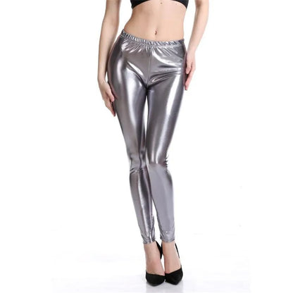 Wendywu New Hot Women Sexy Stretch Solid Silver Leather Ankle-Length Bodycon Leggings