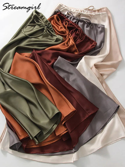 Long Black Satin Skirts For Women 2025 Spring Summer Straight Maxi Green Skirt Elegant Beige Women Satin Silk Skirts Long Brown