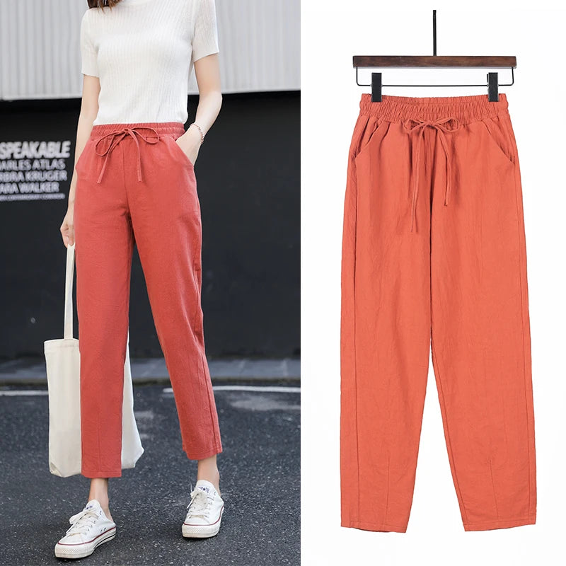 Womens Spring Summer Pants Cotton Linen Solid Elastic waist Candy Colors Harem Trousers Casual Female Pants