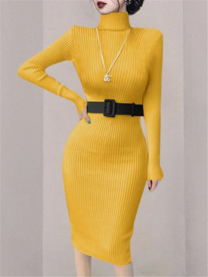 Seoulish Autumn Winter Turtleneck Women's Wrap Knitted Dresses with Belted Long Sleeve Sheath Knitwear Bodycon Dress Female 2023