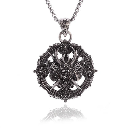 Retro Compass Warrior Head Demon Warrior Pendant Benno Necklace Men's Locomotive Gothic Jewelry Necklace