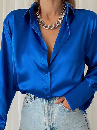 Autumn Shirt Women's Polo Collar Office Lady blouse Vintage Blue Green Shirt Loose Button Up Down Shirts Black Fashion Tops