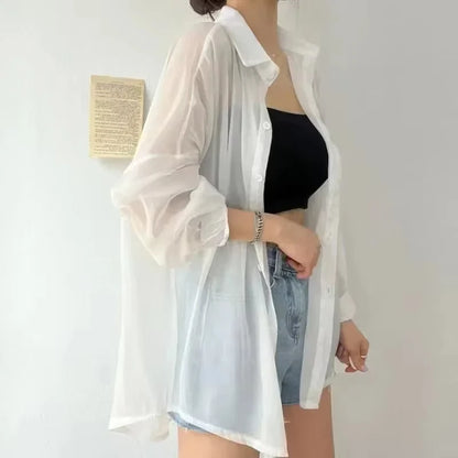 8 Colors Shirts Women Sheer Thin Chic Summer Simple Solid Sun-proof Temper Fashion Baggy All-match Basic Korean Style Clothes