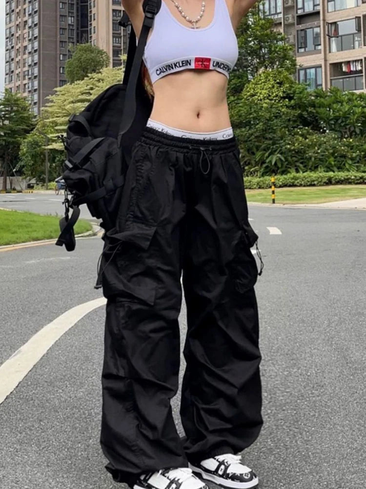 Y2K Parachute Black Pants Women Hippie Streetwear Oversize Pockets Cargo Trousers Harajuku Wide Leg Baggy Sweatpants