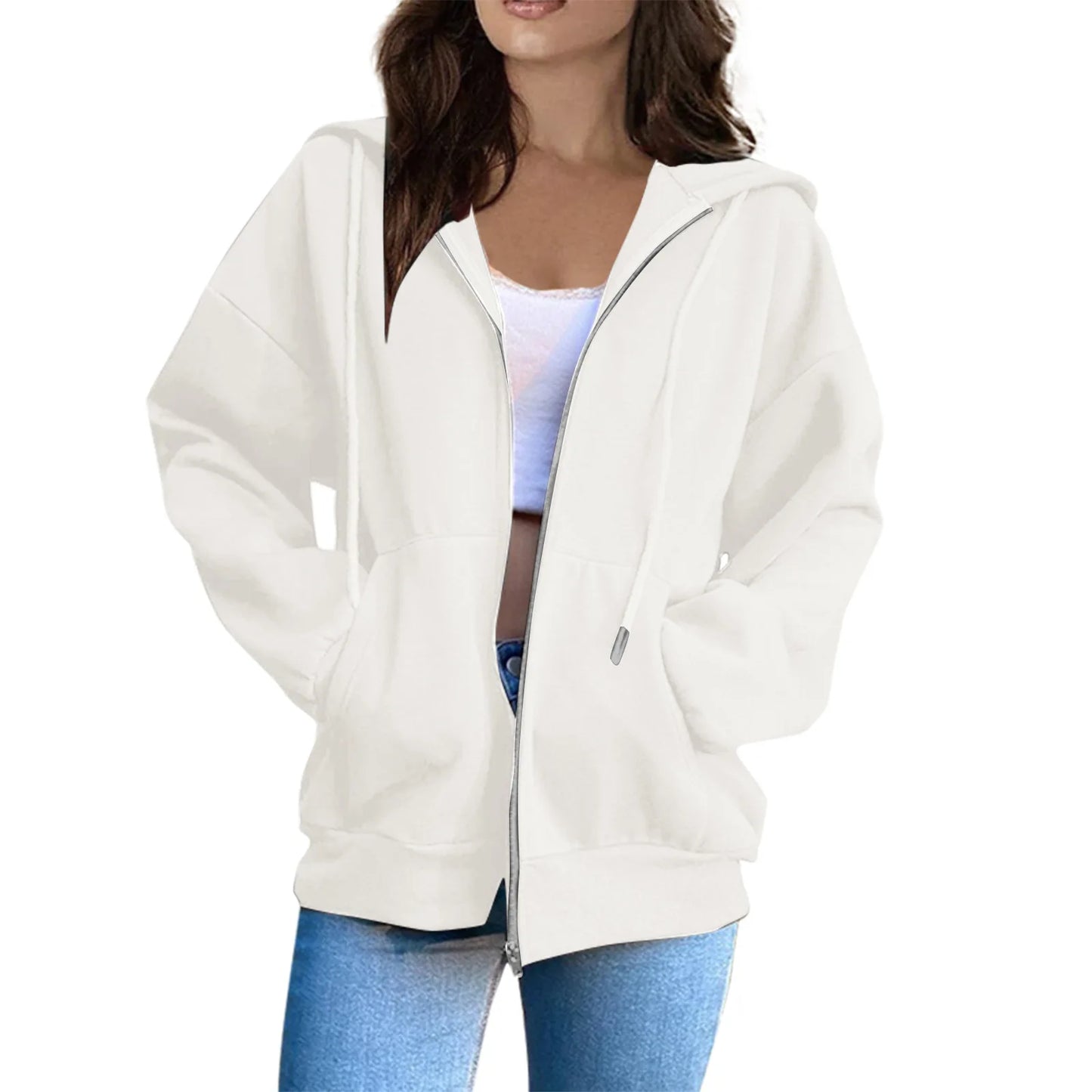 Women's Casual Fashion Solid Color Long Sleeved Zippered Hooded Sweatshirt