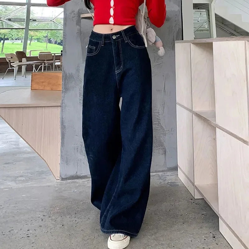 High-Waisted Loose-Fit Casual Jeans Women's American Style Breadth Blue Wide-Leg Trousers Draped Meat-Covering Leggings