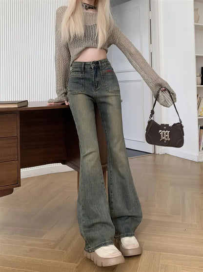 150 Petite girls wash made old micro flared jeans High waisted straight leg narrow version horseshoe pants xs show height