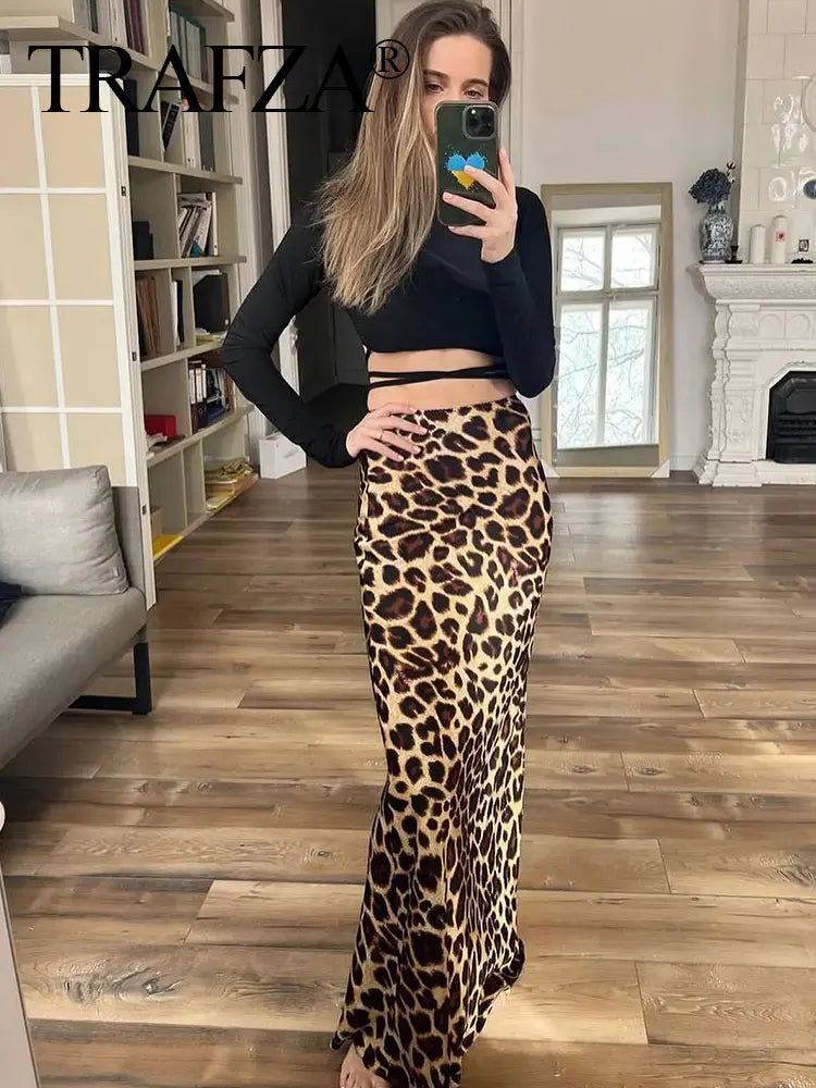 TRAFZA 2024 Women Fashion Leopard Print Skirt Vintage High Waist Midi Skirts Elegant Women Summer Casual Streetwear Skirt