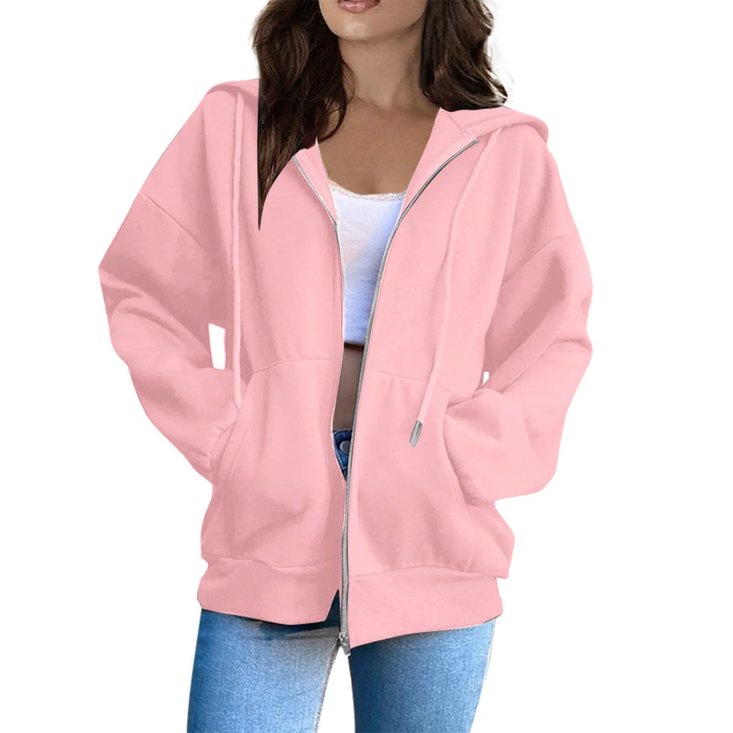 Women's Casual Fashion Solid Color Long Sleeved Zippered Hooded Sweatshirt