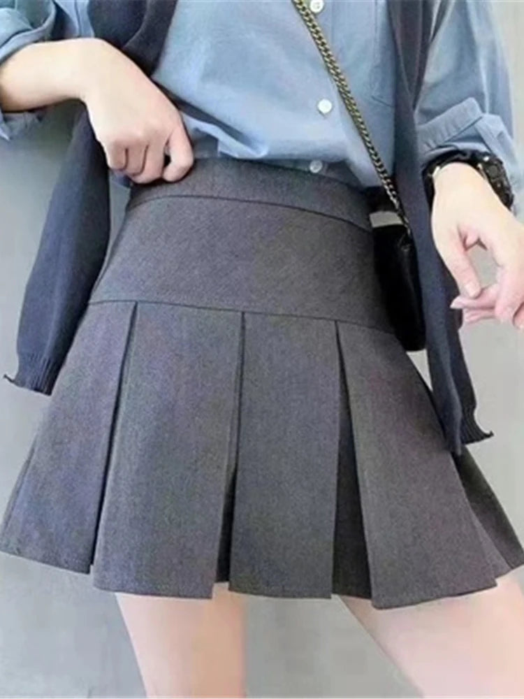 ZOKI  Vintage Gray Pleated Skirt Women Kawaii High Waist Mini Skirts Korean Fashion School Uniform Harajuku Streetwear Spring