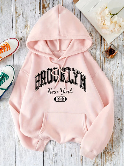 Brooklyn New York 1898 Hoodie Sweatshirt - Casual Polyester Hooded Pullover with Drawstring Alphabet Pattern