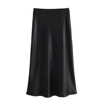 TRAF 2024 Black Satin Skirt Woman High Waist Elegant Long Skirts For Women Fashion Summer Midi Skirt Office Women's Skirts