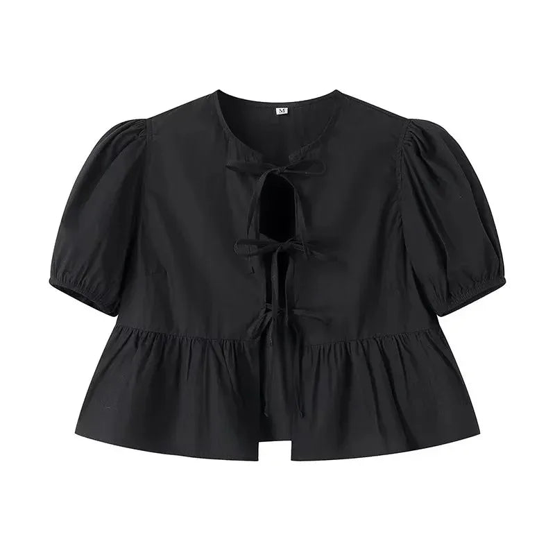 TRAF White Crop Top Women Black Ruffle Short Puff Sleeve Blouse Female Bow Tied Summer Blouses Woman 2024 Ruched Cute Tops