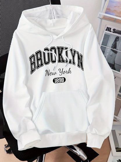 Brooklyn New York 1898 Hoodie Sweatshirt - Casual Polyester Hooded Pullover with Drawstring Alphabet Pattern