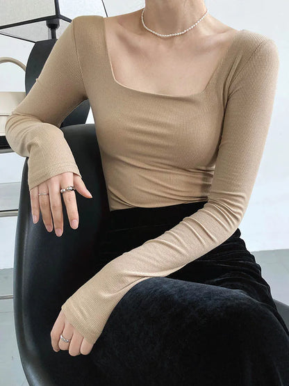 Long-sleeved square-neck t-shirt women's slim-fit exposed collarbone low-neck short top bottoming shirt