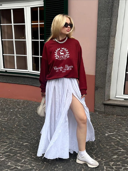 Ankra Red Printing Sweatshirt Women Pullover Letter O-neck Long Sleeve Tops Chic Ladies Casual Female Streetwear 2025 Spring