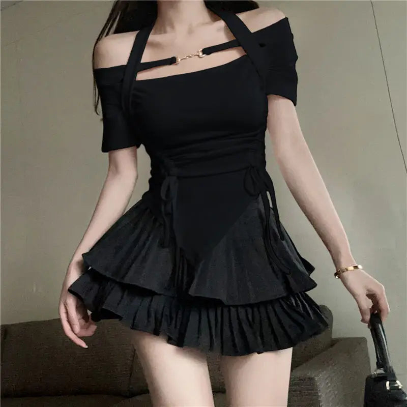 Hanging Neck Irregular Drawstring Short-sleeved T-shirt Female Summer Design Sense Niche Slim Spice Girl Top Ins Shirts