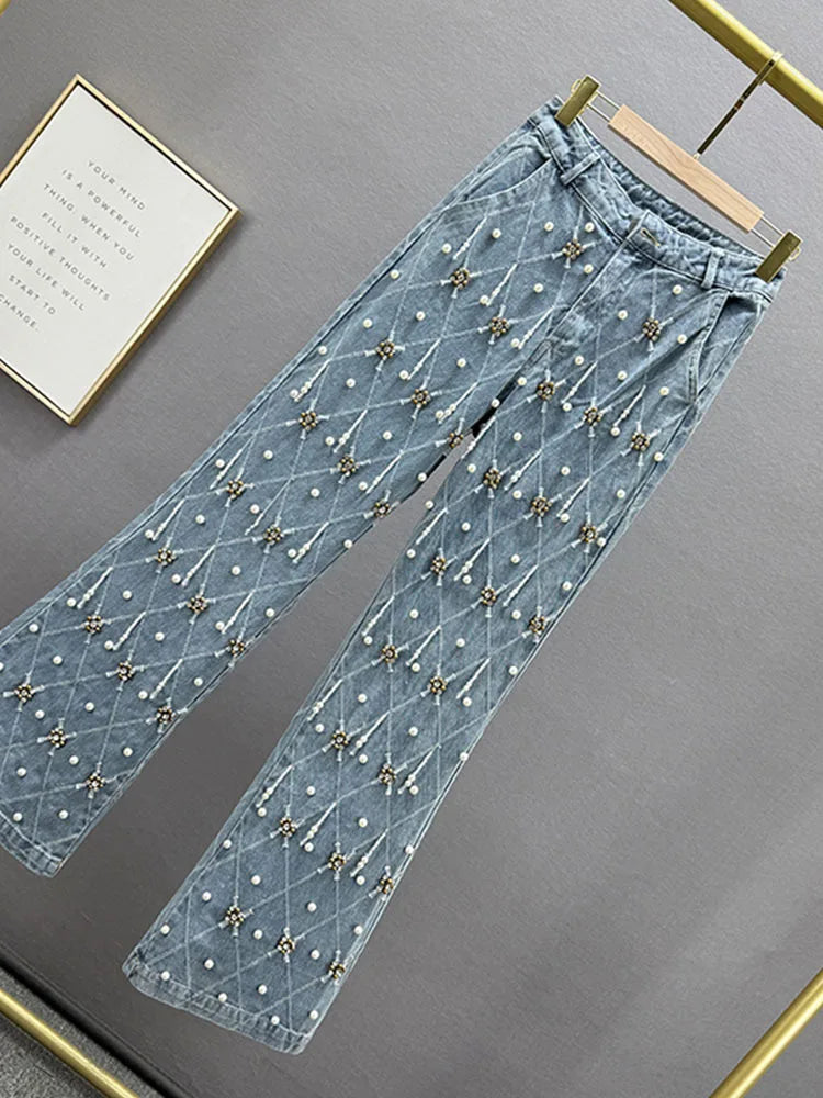 Women Jeans High Waist Embroidered Flares Plaid Pearls Straight Beading Pendant Denim Pants 2025 Autumn New Fashion