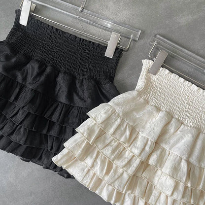 Streetwear Y2k Ruffles Mini Skirts Women Sweet Kawaii High Waist Lace A Line Skirt Summer Korean Fashion Black Ball Gown Skirts