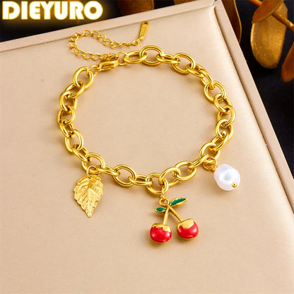 DIEYURO 316L Stainless Steell Golden Foliage Red Cherry Pearl Pendant Bracelet For Women New Fashion Hand Chain Jewelry Gift