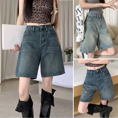 Loose Fit Denim Pants Vintage High Waist Denim Shorts for Women Wide Leg Streetwear Jeans with Button Closure Knee Length Pants