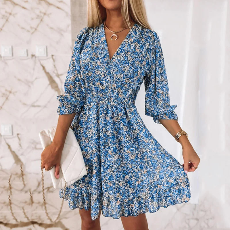 New Mid length Dress Waist Pullover Bohemian Printed Short Sleeve Fragmented Flower Dress