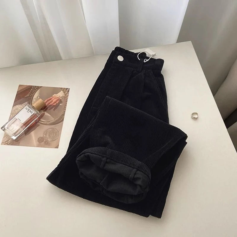 Retro High Waist Corduroy Pants Women Spring Fall Straight Causal Full Length Trousers Korean Fashion Baggy All Match Black Pant