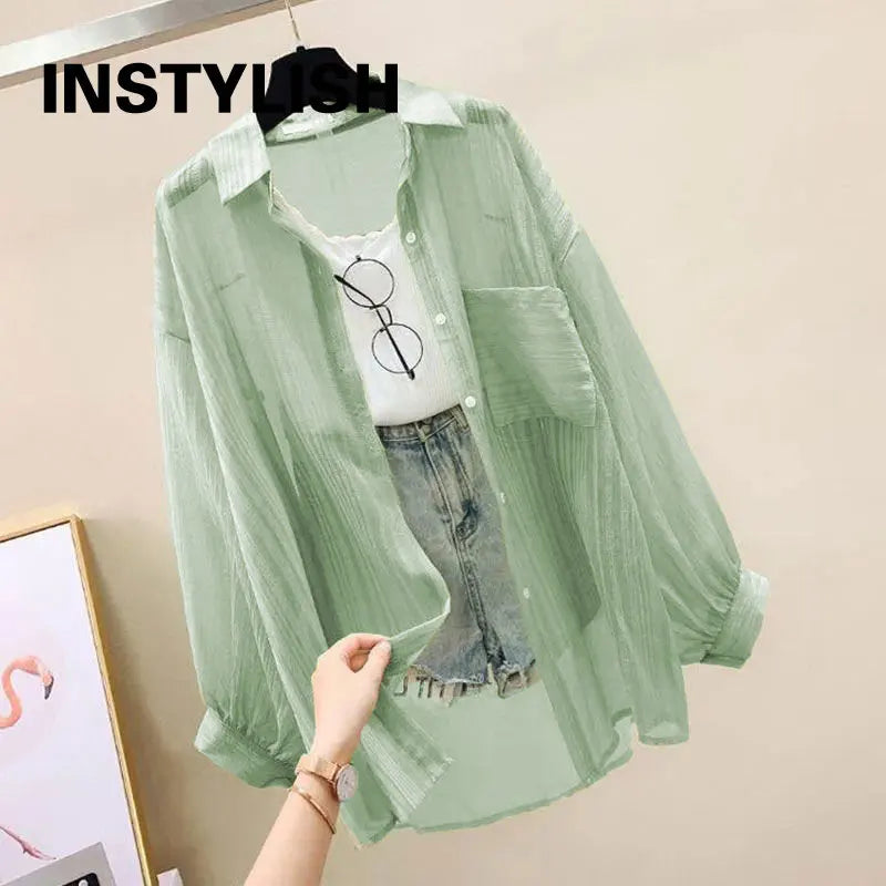 Summer Sunscreen Shirt Elegant Perspective Thin Chiffon Blouse Korean Harajuku See Through Loose Top Casual Women's Cardigan