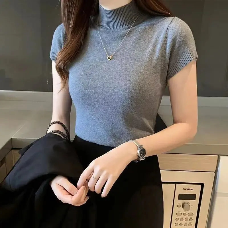 Women's Half-High Neck T-Shirt Fashion Jumper Casual Tops Korean Style Elegant Solid-Coloured Clothing Spring And Summer Season